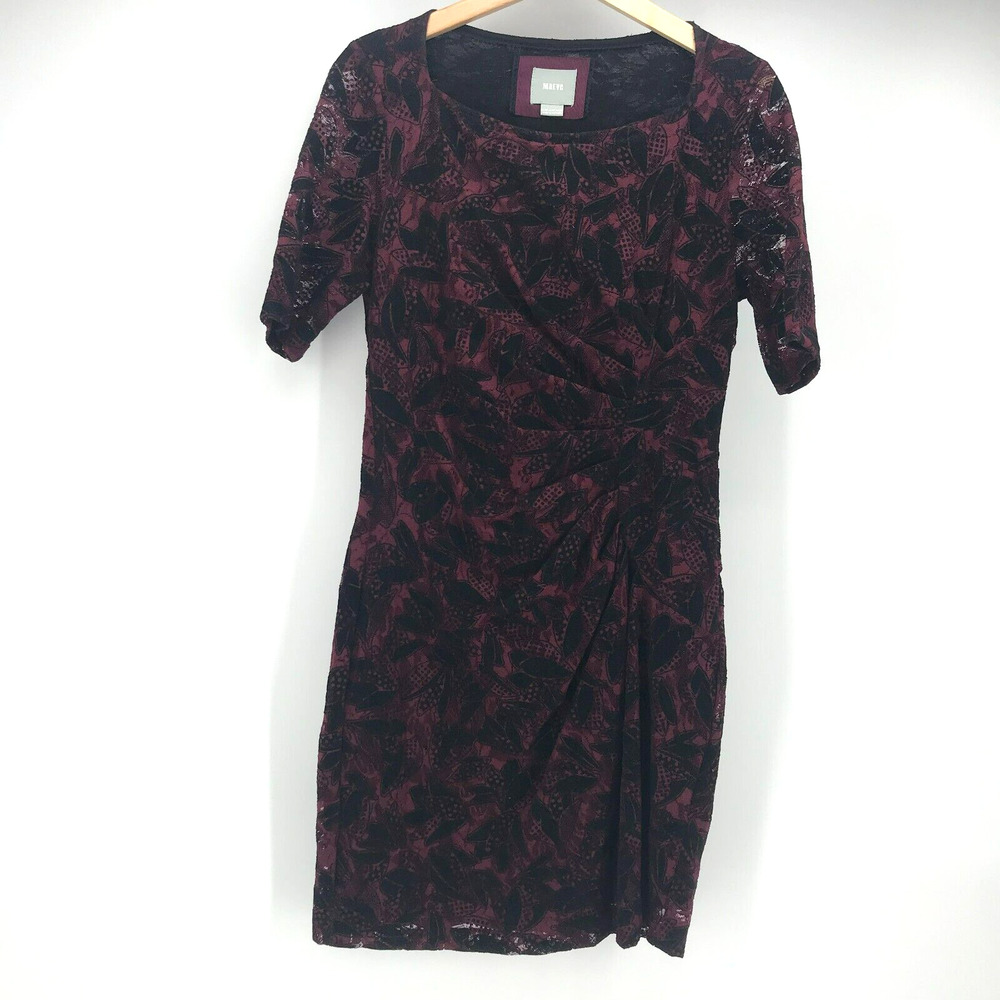 Anthropologie Maeve Dress Womens 14P 14 Petite Maroon Black Lace Ruched Waist
